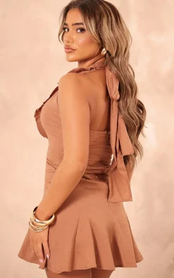 Mocha Linen Look Frill Neck Cross Front Mini Dress