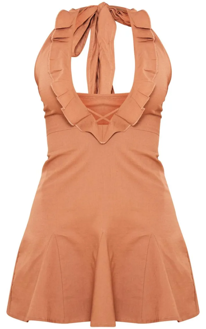 Mocha Linen Look Frill Neck Cross Front Mini Dress