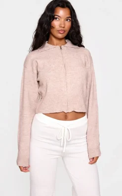 Mocha Marl Knit Cropped Zip Cardigan