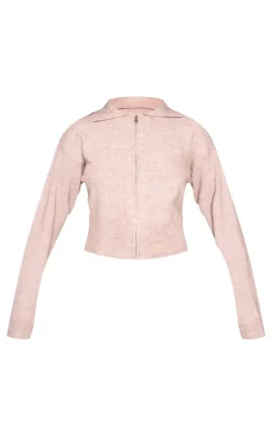 Mocha Marl Knit Cropped Zip Cardigan