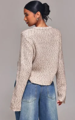 Mocha Marl Textured Bobble Knit Button Up Pocket Detail Cardigan