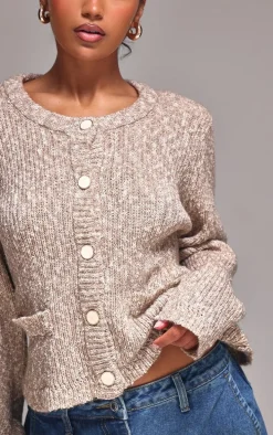 Mocha Marl Textured Bobble Knit Button Up Pocket Detail Cardigan