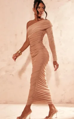 Mocha Mesh Bardot One Sleeve Maxi Dress