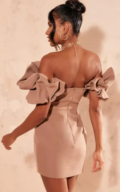 Mocha Pleated Corset Detail Puff Sleeve Bodycon Dress