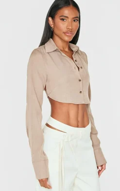 Mocha Premium Woven Tie Backless Cropped Shirt