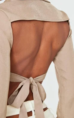 Mocha Premium Woven Tie Backless Cropped Shirt