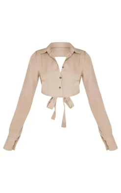 Mocha Premium Woven Tie Backless Cropped Shirt