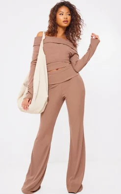Mocha Rib Foldover Bardot Flute Sleeve Longline Top
