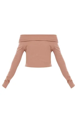 Mocha Rib Foldover Bardot Flute Sleeve Longline Top