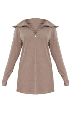 Mocha Rib High Neck Half Zip Oversized Sweater Dress
