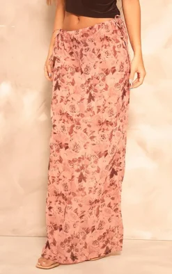 Mocha Rose Print Chiffon Tie Side Maxi Skirt