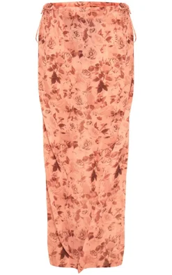 Mocha Rose Print Chiffon Tie Side Maxi Skirt