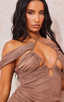 Mocha Ruched Cut Out Bardot Bodycon Dress
