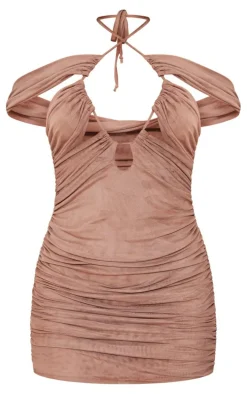 Mocha Ruched Cut Out Bardot Bodycon Dress