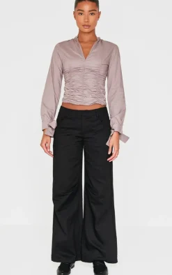 Mocha Ruched Front Tie Detail Shirt