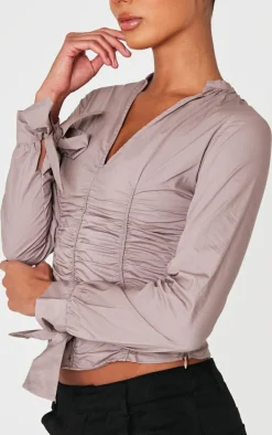 Mocha Ruched Front Tie Detail Shirt