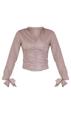 Mocha Ruched Front Tie Detail Shirt