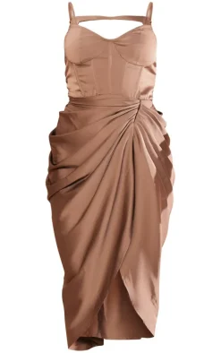 Mocha Satin Corset Detail Midi Dress