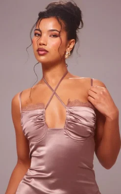 Mocha Satin Tie Front Cup Detail Mini Dress