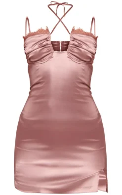 Mocha Satin Tie Front Cup Detail Mini Dress