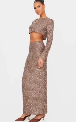 Mocha Sequin Long Sleeve Button Up Cardigan