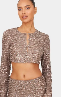 Mocha Sequin Long Sleeve Button Up Cardigan