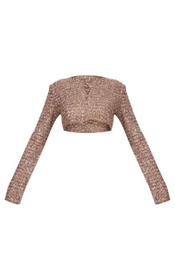 Mocha Sequin Long Sleeve Button Up Cardigan