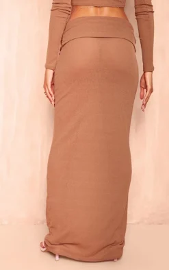 Mocha Sheer Burnout Mesh Fold Over Hem Low Rise Maxi Skirt