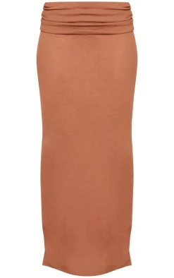 Mocha Sheer Burnout Mesh Fold Over Hem Low Rise Maxi Skirt