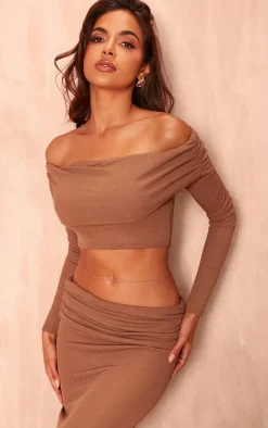 Mocha Sheer Burnout Mesh Fold Over Hem Long Sleeve Bardot Top