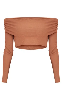 Mocha Sheer Burnout Mesh Fold Over Hem Long Sleeve Bardot Top