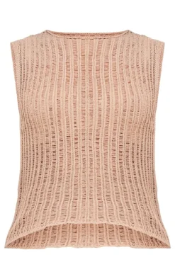 Mocha Sheer Textured Knit Racer Neck Top