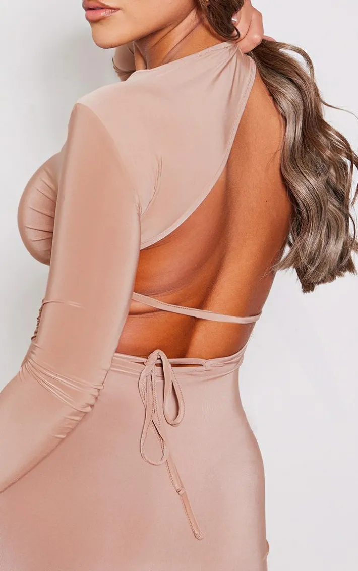 Mocha Slinky Cut Out Tie Back Detail Bodycon Dress