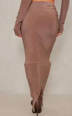 Mocha Slinky Low Rise Ruched Detail Maxi Skirt