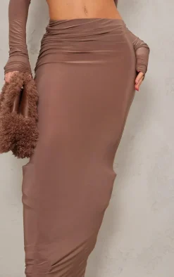 Mocha Slinky Low Rise Ruched Detail Maxi Skirt