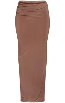 Mocha Slinky Low Rise Ruched Detail Maxi Skirt