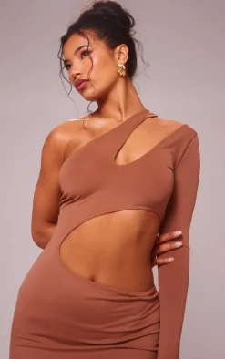 Mocha Slinky One Sleeve Cut Out Maxi Dress