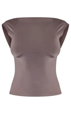 Mocha Slinky Open Back Cap Sleeve Longline Top