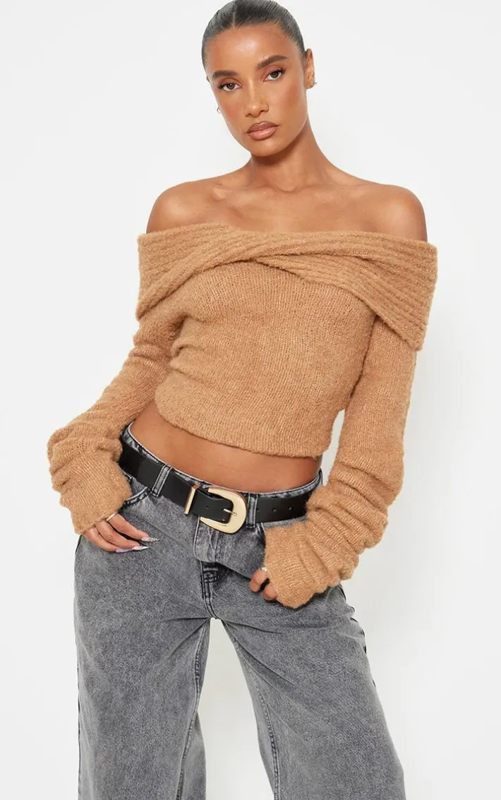Mocha Soft Bobble Knit Bardot Foldover Top