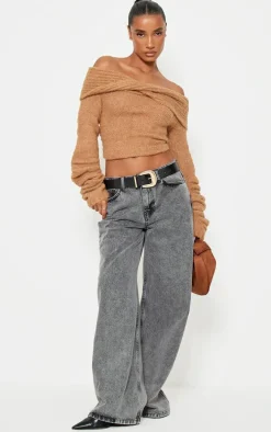 Mocha Soft Bobble Knit Bardot Foldover Top