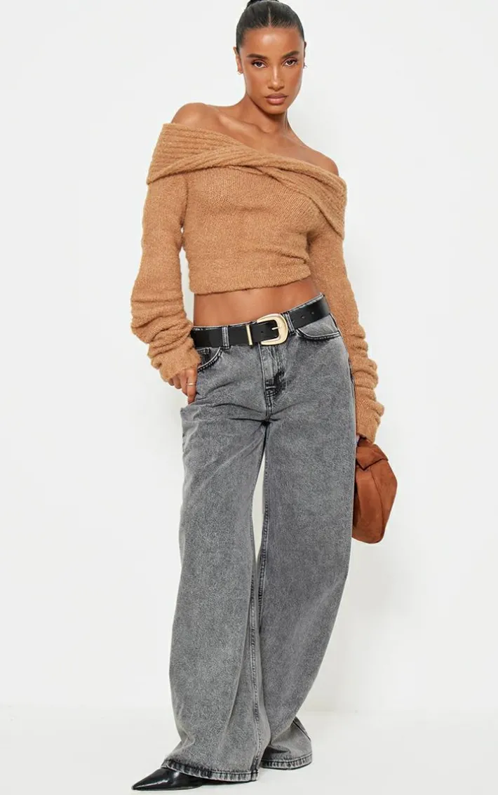 Mocha Soft Bobble Knit Bardot Foldover Top