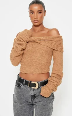 Mocha Soft Bobble Knit Bardot Foldover Top