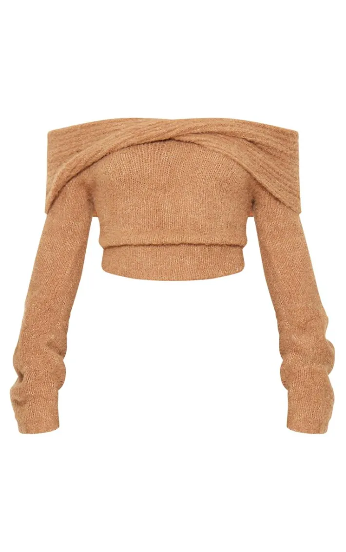 Mocha Soft Bobble Knit Bardot Foldover Top