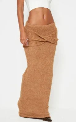 Mocha Soft Bobble Knit Foldover Maxi Skirt