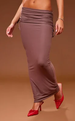 Mocha Soft Touch Asymmetric Fold Over Ruched Maxi Skirt