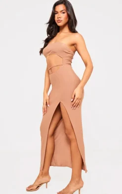Mocha Soft Touch Bandeau Cut Out Waist Strap Midaxi Dress