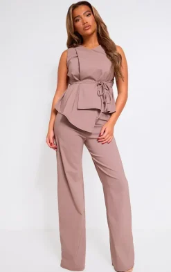 Mocha Stretch Woven Mid Rise Wide Leg Pants