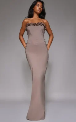 Mocha Stretch Woven Rosette Bandeau Maxi Dress