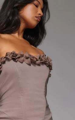 Mocha Stretch Woven Rosette Bandeau Maxi Dress