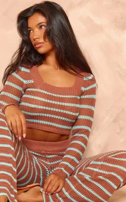 Mocha Stripe Crochet Knit Square Neck Long Sleeve Top